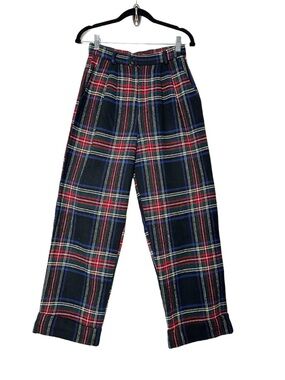 Collegiate Wool Tartan Pleated Trousers Preppy Academia Grunge Plaid Straight
